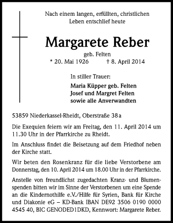 Anzeige von Margarete Reber von Kölner Stadt-Anzeiger / Kölnische Rundschau / Express