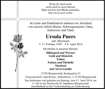 Anzeige von Ursula Puers von Kölner Stadt-Anzeiger / Kölnische Rundschau / Express