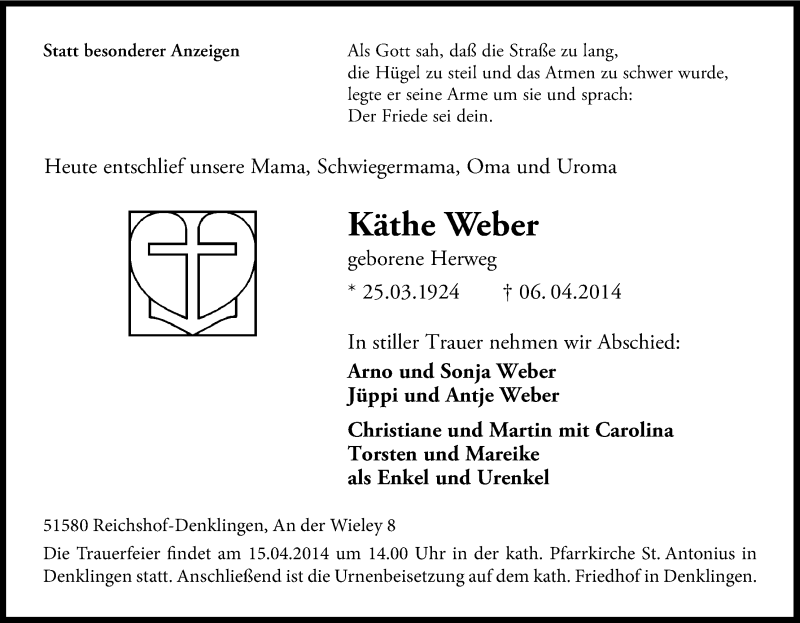  Traueranzeige für Käthe Weber vom 10.04.2014 aus Kölner Stadt-Anzeiger / Kölnische Rundschau / Express