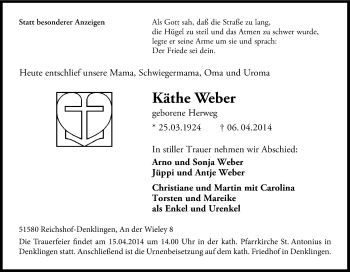 Anzeige von Käthe Weber von Kölner Stadt-Anzeiger / Kölnische Rundschau / Express