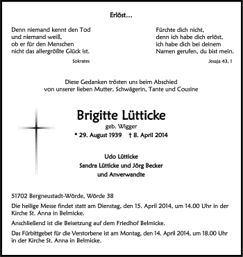 Anzeige von Brigitte Lütticke von Kölner Stadt-Anzeiger / Kölnische Rundschau / Express