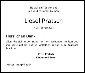 Anzeige von Liesel Pratsch von Kölner Stadt-Anzeiger / Kölnische Rundschau / Express