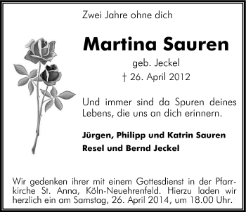 Anzeige von Martina Sauren von Kölner Stadt-Anzeiger / Kölnische Rundschau / Express