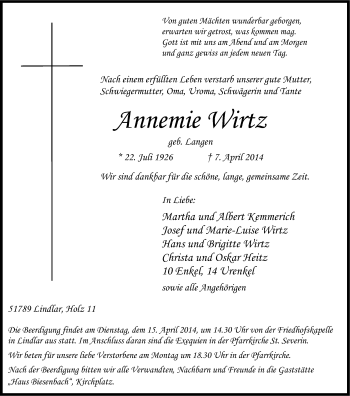 Anzeige von Annemie Wirtz von Kölner Stadt-Anzeiger / Kölnische Rundschau / Express