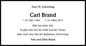Anzeige von Carl Brand von Kölner Stadt-Anzeiger / Kölnische Rundschau / Express