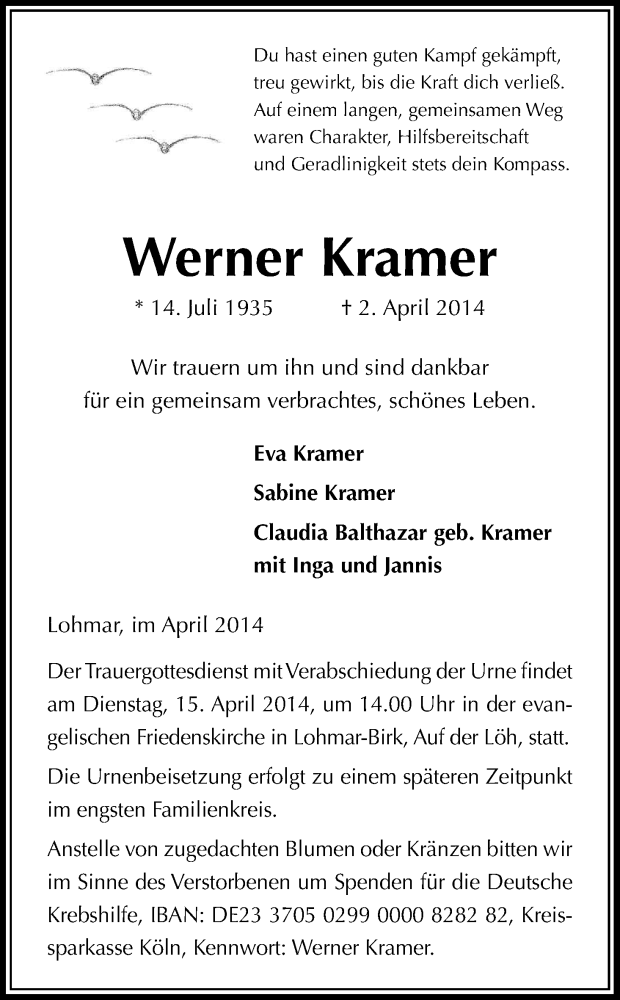  Traueranzeige für Werner Kramer vom 10.04.2014 aus Kölner Stadt-Anzeiger / Kölnische Rundschau / Express