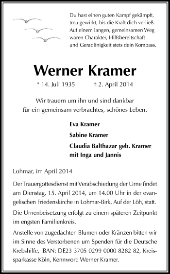 Anzeige von Werner Kramer von Kölner Stadt-Anzeiger / Kölnische Rundschau / Express
