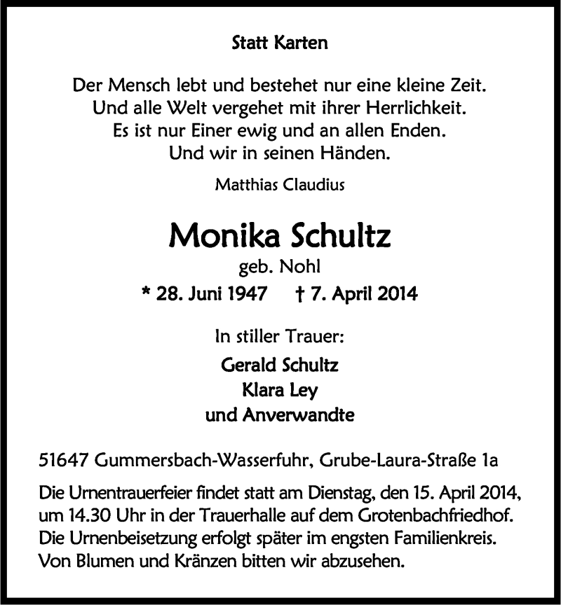  Traueranzeige für Monika Schultz vom 12.04.2014 aus Kölner Stadt-Anzeiger / Kölnische Rundschau / Express