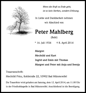 Anzeige von Peter Mahlberg von Kölner Stadt-Anzeiger / Kölnische Rundschau / Express