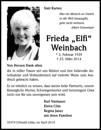 Anzeige von Frieda Weinbach von Kölner Stadt-Anzeiger / Kölnische Rundschau / Express