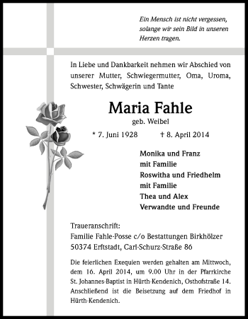 Anzeige von Maria Fahle von Kölner Stadt-Anzeiger / Kölnische Rundschau / Express