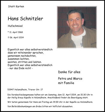 Anzeige von Hans Schnitzler von Kölner Stadt-Anzeiger / Kölnische Rundschau / Express