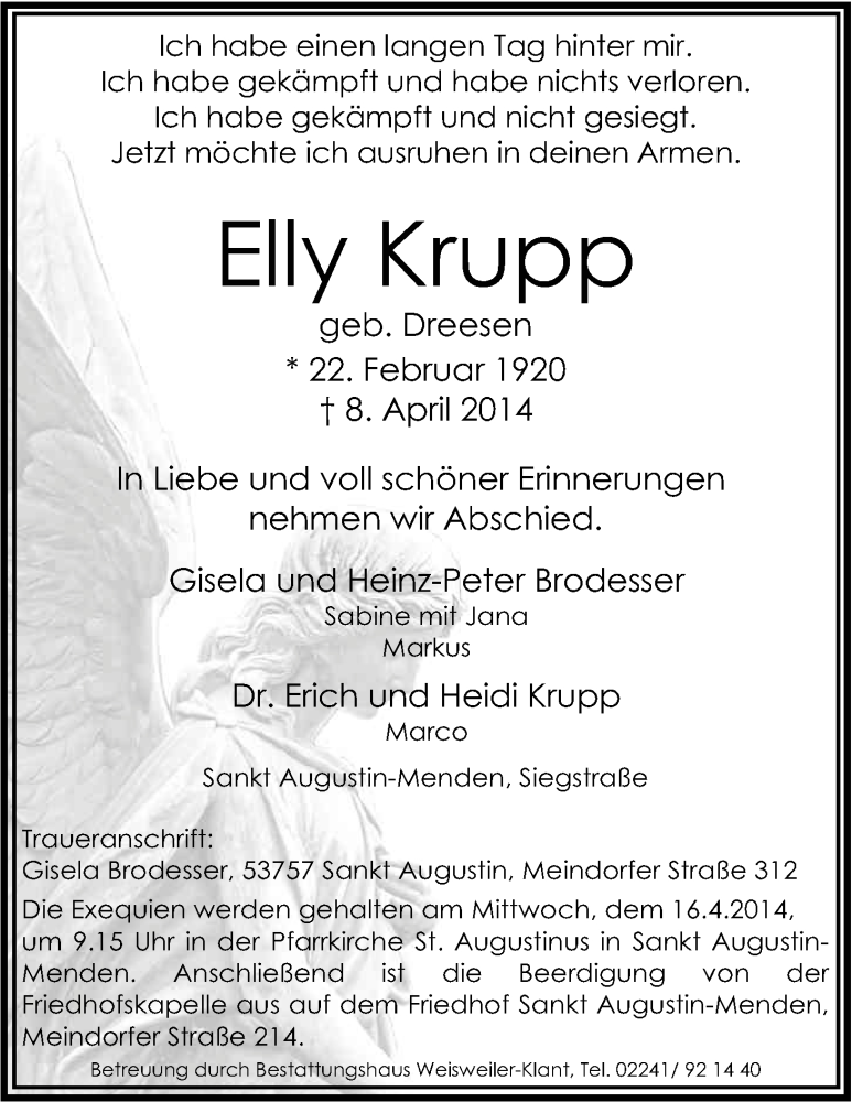  Traueranzeige für Elly Krupp vom 12.04.2014 aus Kölner Stadt-Anzeiger / Kölnische Rundschau / Express