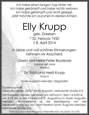 Anzeige von Elly Krupp von Kölner Stadt-Anzeiger / Kölnische Rundschau / Express