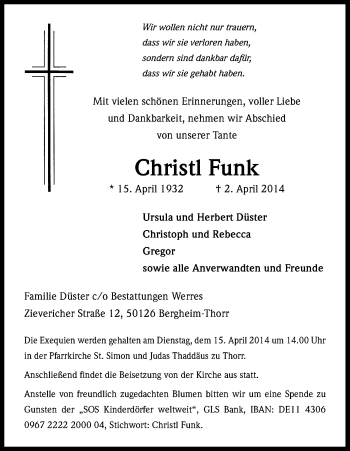 Anzeige von Christi Funk von Kölner Stadt-Anzeiger / Kölnische Rundschau / Express