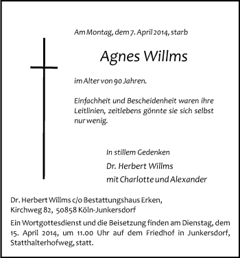 Anzeige von Agnes Willms von Kölner Stadt-Anzeiger / Kölnische Rundschau / Express