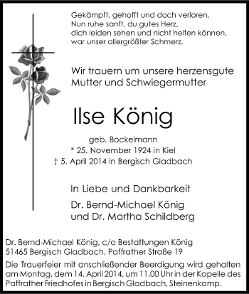 Anzeige von Ilse König von Kölner Stadt-Anzeiger / Kölnische Rundschau / Express