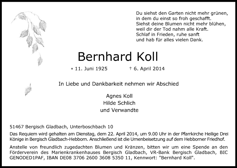  Traueranzeige für Bernhard Koll vom 11.04.2014 aus Kölner Stadt-Anzeiger / Kölnische Rundschau / Express