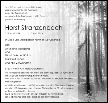 Anzeige von Horst Stranzenbach von Kölner Stadt-Anzeiger / Kölnische Rundschau / Express