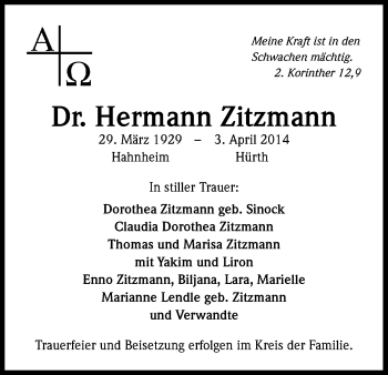 Anzeige von Hermann Zitzmann von Kölner Stadt-Anzeiger / Kölnische Rundschau / Express