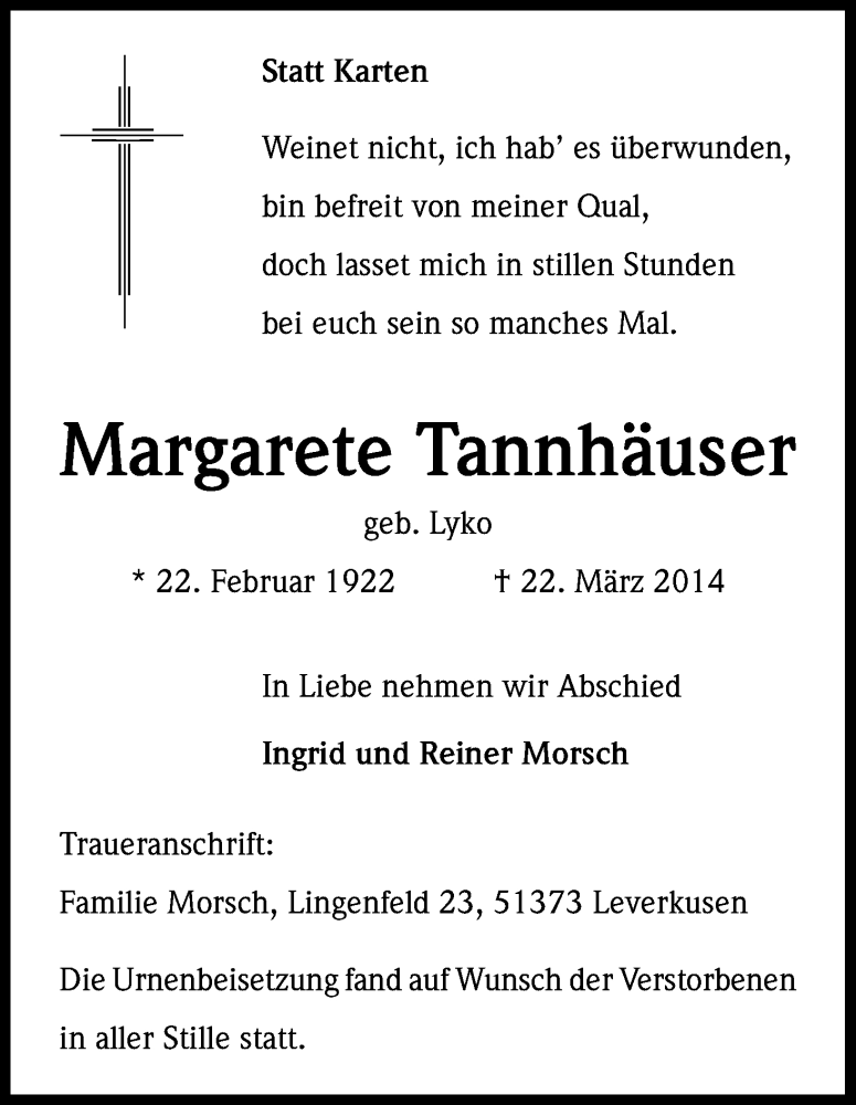  Traueranzeige für Margarete Tannhäuser vom 12.04.2014 aus Kölner Stadt-Anzeiger / Kölnische Rundschau / Express