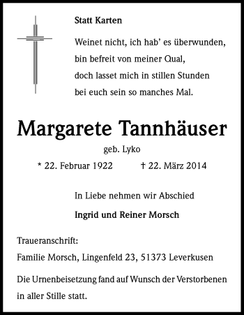Anzeige von Margarete Tannhäuser von Kölner Stadt-Anzeiger / Kölnische Rundschau / Express