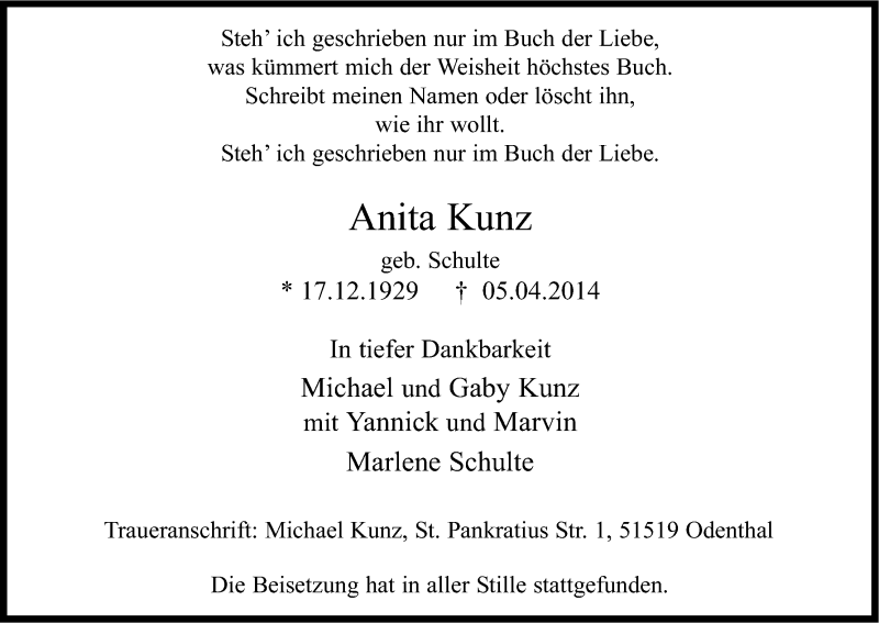  Traueranzeige für Anita Kunz vom 12.04.2014 aus Kölner Stadt-Anzeiger / Kölnische Rundschau / Express