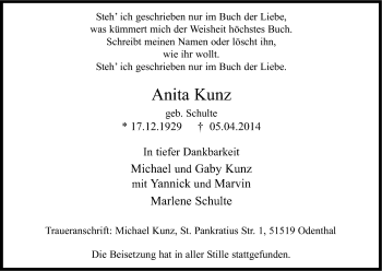Anzeige von Anita Kunz von Kölner Stadt-Anzeiger / Kölnische Rundschau / Express