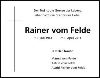 Anzeige von Rainer vom Felde von Kölner Stadt-Anzeiger / Kölnische Rundschau / Express