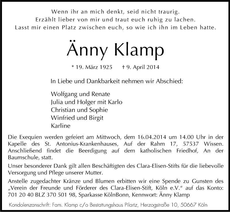  Traueranzeige für Änny Klamp vom 12.04.2014 aus Kölner Stadt-Anzeiger / Kölnische Rundschau / Express