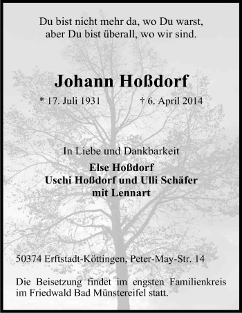 Anzeige von Johann Hoßdorf von Kölner Stadt-Anzeiger / Kölnische Rundschau / Express