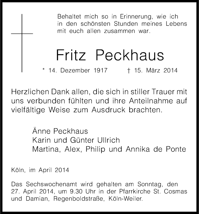  Traueranzeige für Fritz Peckhaus vom 19.04.2014 aus Kölner Stadt-Anzeiger / Kölnische Rundschau / Express