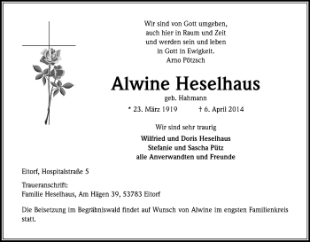 Anzeige von Alwine Heselhaus von Kölner Stadt-Anzeiger / Kölnische Rundschau / Express