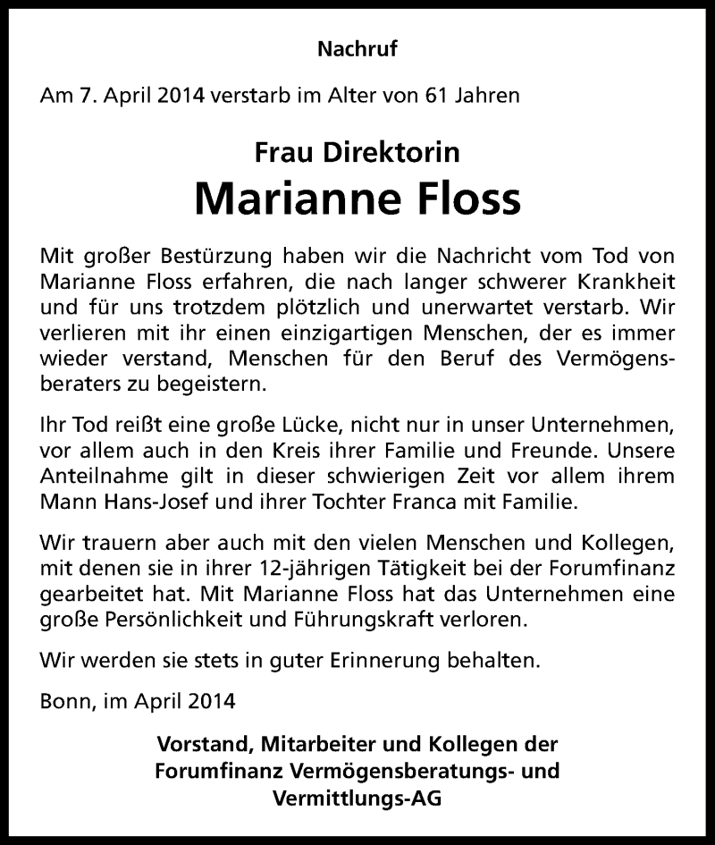  Traueranzeige für Marianne Floss vom 16.04.2014 aus Kölner Stadt-Anzeiger / Kölnische Rundschau / Express