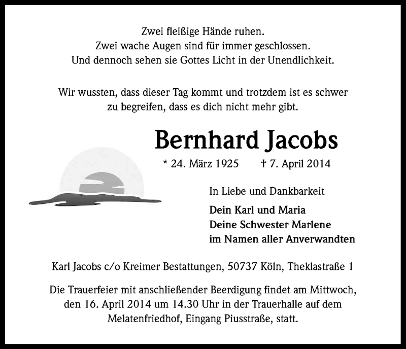  Traueranzeige für Bernhard Jacobs vom 12.04.2014 aus Kölner Stadt-Anzeiger / Kölnische Rundschau / Express