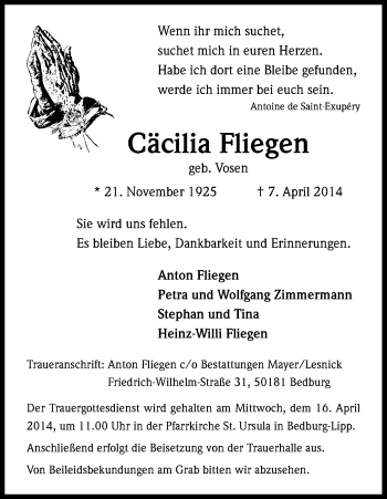 Anzeige von Cäcilia Fliegen von Kölner Stadt-Anzeiger / Kölnische Rundschau / Express