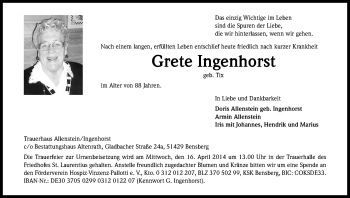 Anzeige von Grete Ingenhorst von Kölner Stadt-Anzeiger / Kölnische Rundschau / Express
