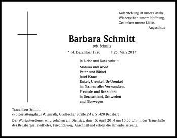 Anzeige von Barbara Schmitt von Kölner Stadt-Anzeiger / Kölnische Rundschau / Express
