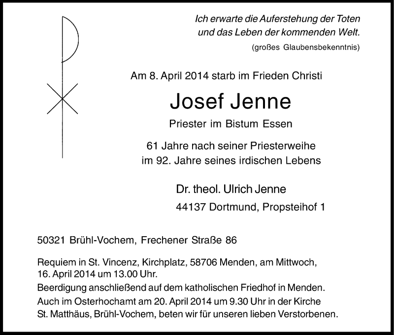  Traueranzeige für Josef Jenne vom 12.04.2014 aus Kölner Stadt-Anzeiger / Kölnische Rundschau / Express