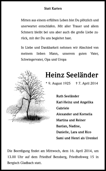 Anzeige von Heinz Seeländer von Kölner Stadt-Anzeiger / Kölnische Rundschau / Express