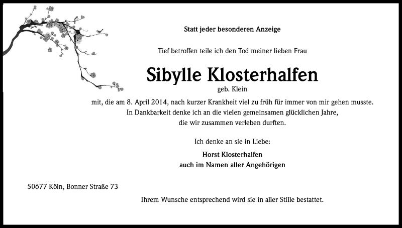  Traueranzeige für Sibylle Klosterhalfen vom 12.04.2014 aus Kölner Stadt-Anzeiger / Kölnische Rundschau / Express