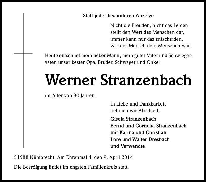  Traueranzeige für Werner Stranzenbach vom 11.04.2014 aus Kölner Stadt-Anzeiger / Kölnische Rundschau / Express