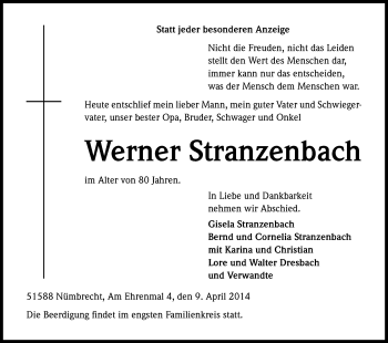 Anzeige von Werner Stranzenbach von Kölner Stadt-Anzeiger / Kölnische Rundschau / Express