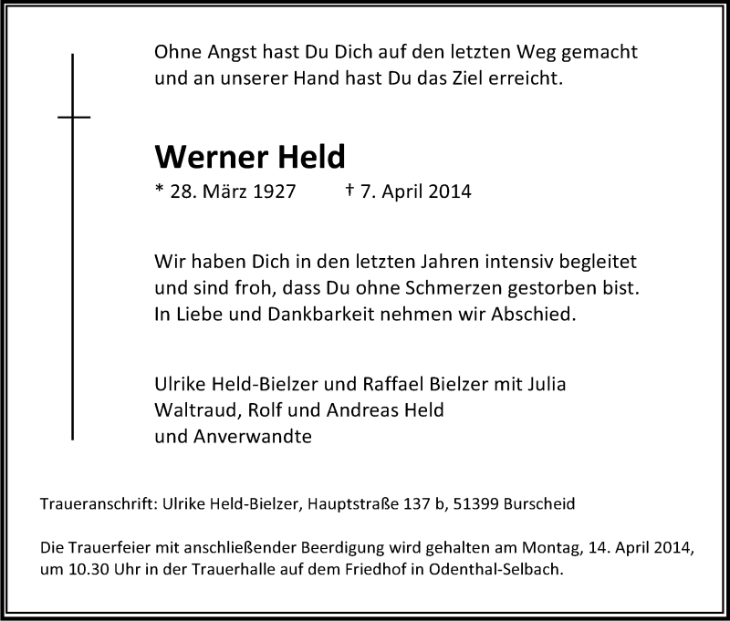  Traueranzeige für Werner Held vom 11.04.2014 aus Kölner Stadt-Anzeiger / Kölnische Rundschau / Express