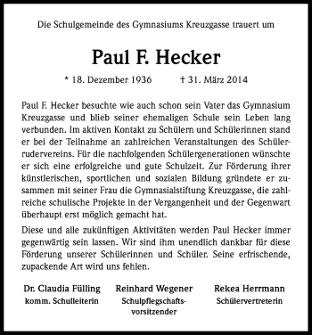 Anzeige von Paul Hecker von Kölner Stadt-Anzeiger / Kölnische Rundschau / Express
