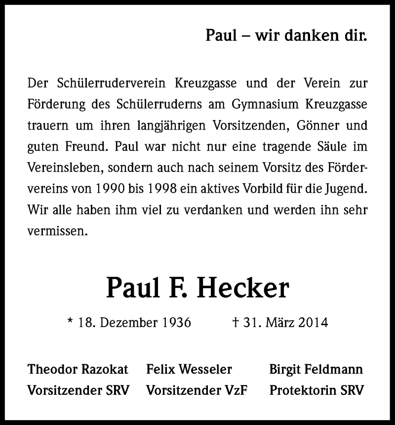  Traueranzeige für Paul Hecker vom 12.04.2014 aus Kölner Stadt-Anzeiger / Kölnische Rundschau / Express