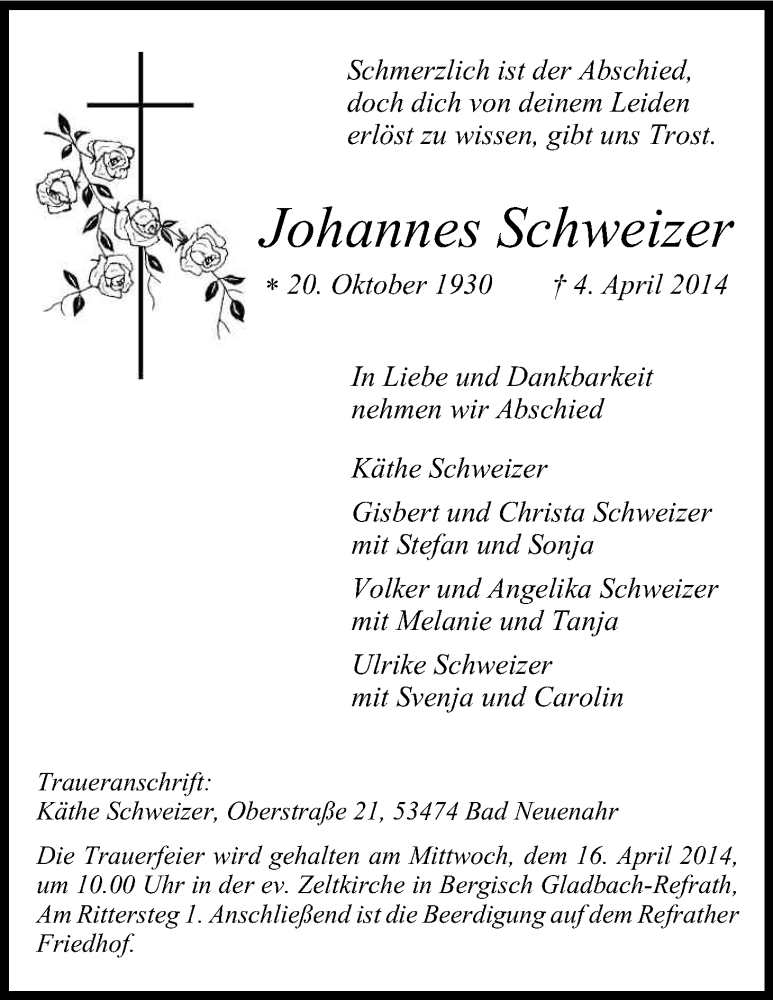  Traueranzeige für Johannes Schweizer vom 12.04.2014 aus Kölner Stadt-Anzeiger / Kölnische Rundschau / Express