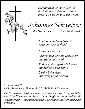 Anzeige von Johannes Schweizer von Kölner Stadt-Anzeiger / Kölnische Rundschau / Express
