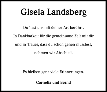 Anzeige von Gisela Landsberg von Kölner Stadt-Anzeiger / Kölnische Rundschau / Express