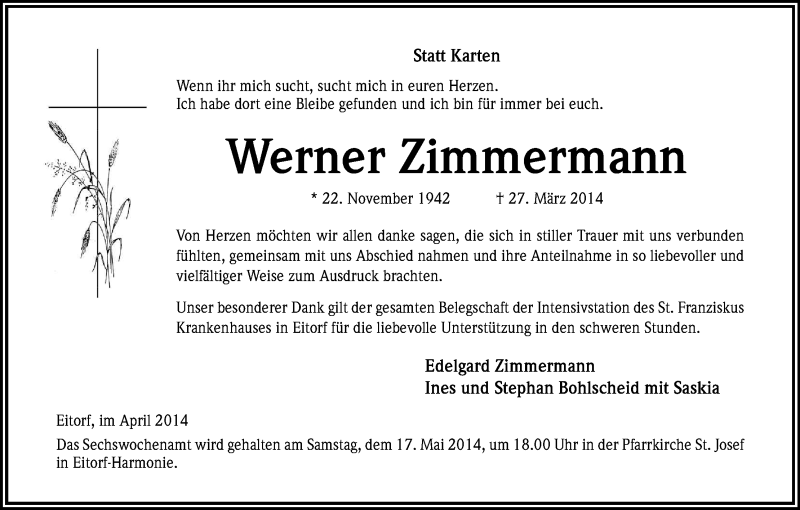 Traueranzeige für Werner Zimmermann vom 26.04.2014 aus Kölner Stadt-Anzeiger / Kölnische Rundschau / Express